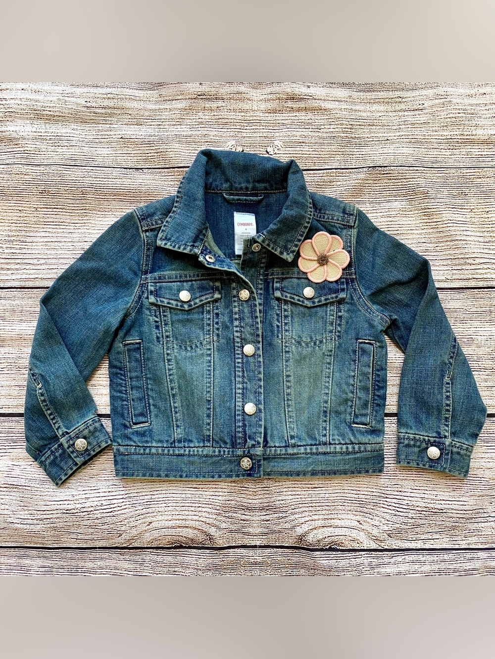 Gymboree Denim Jean Jacket w. Burlap Flower & Flower Stamped Snaps Girl’s Sz 4